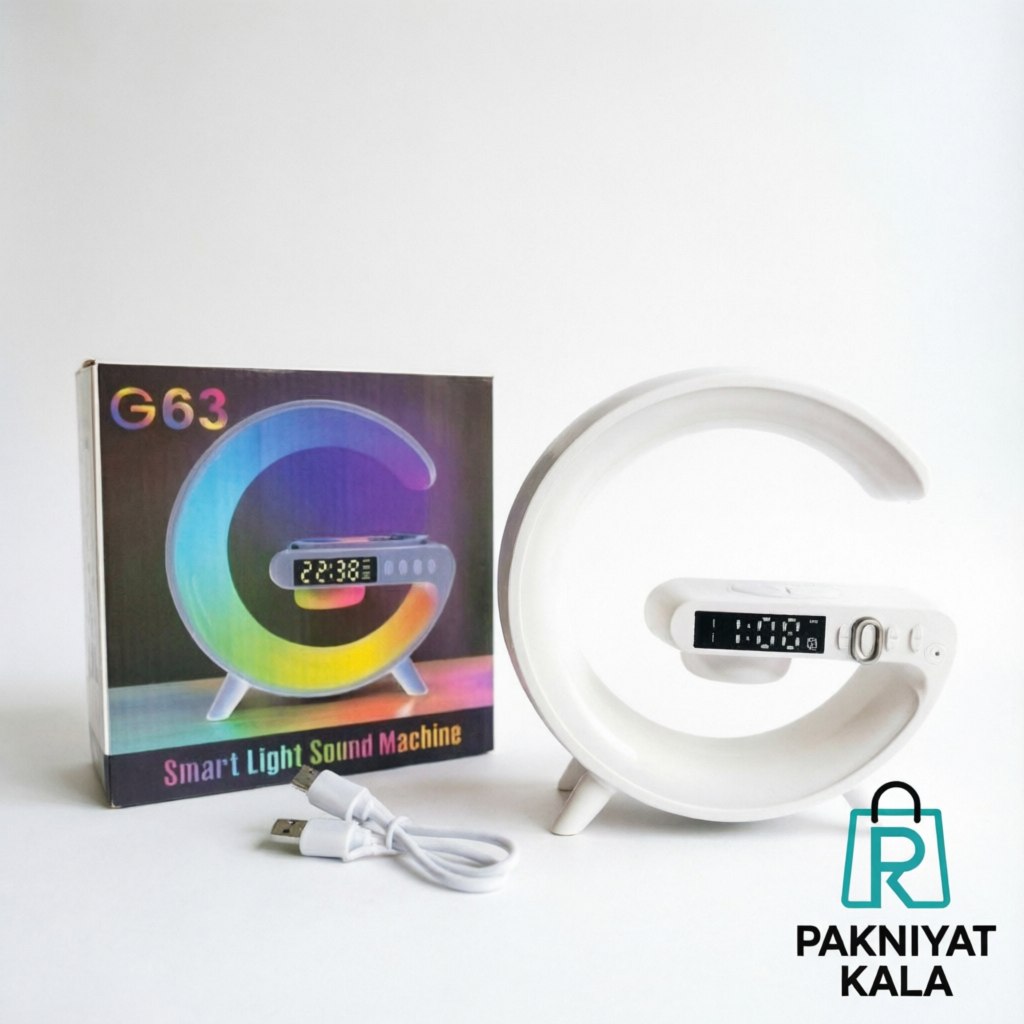 چراغ خواب شارژی اسپیکردار G-63 با شارژر وایرلس و رقص نور هفت رنگ