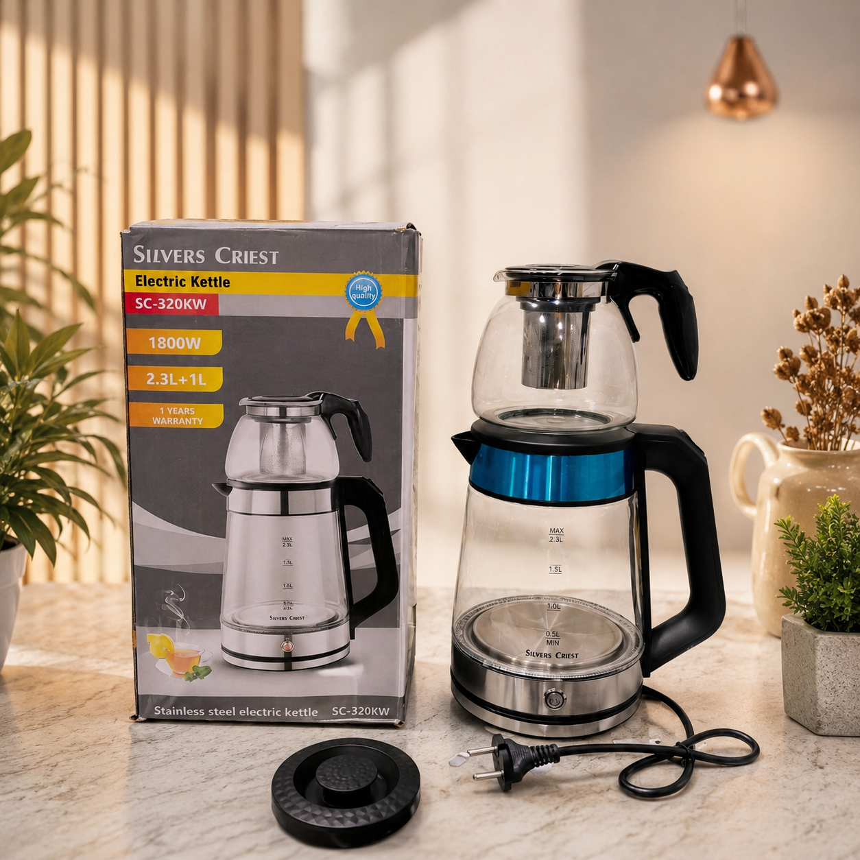 چای ساز روهمی بدنه پیرکس سیلور کرست (وارداتی) 1800 وات با قوری 1 لیتری