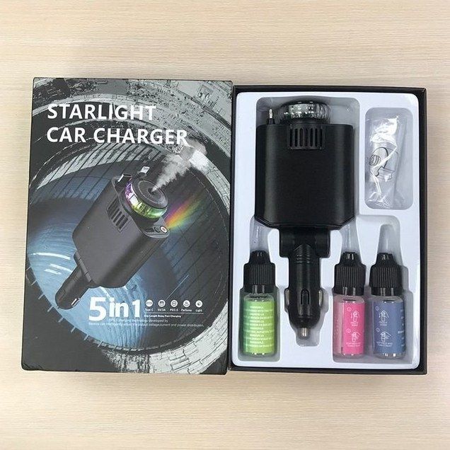 شارژر فندکی 45 وات 5 کاره Starlight اصلی وارداتی با 2 کابل جمع‌شونده و چراغ کهکشانی
